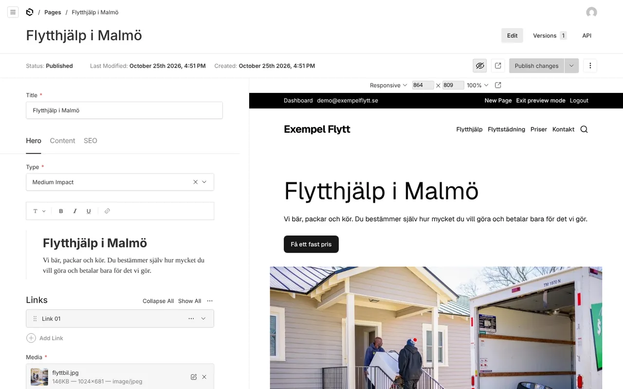 Adminpanelet i Payload med en side åben til redigering