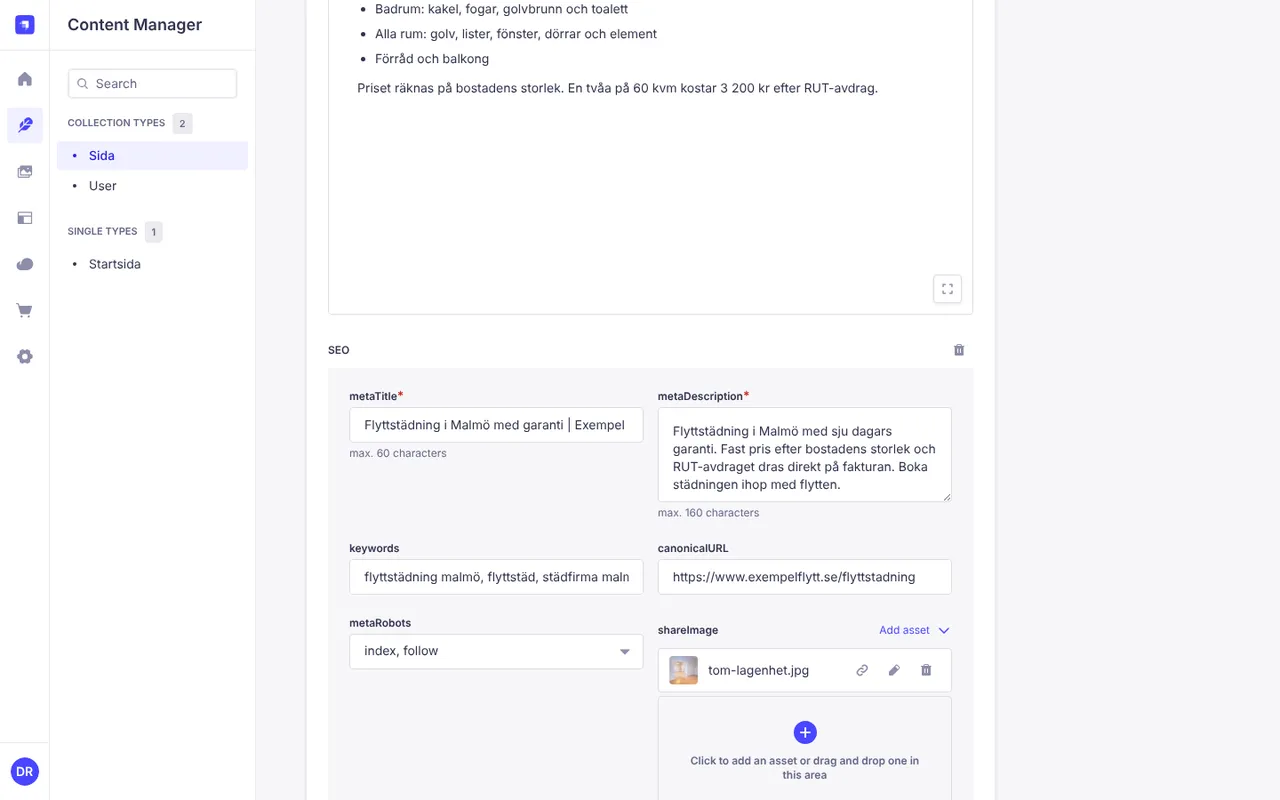 SEO-fälten för en sida i Strapi, ifyllda med exempelinnehåll för en flyttfirma