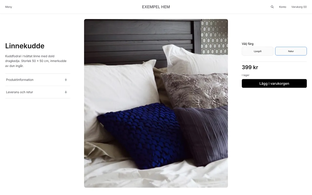Produktsida i Exempel Hem, en demobutik byggd i Next.js och Medusa